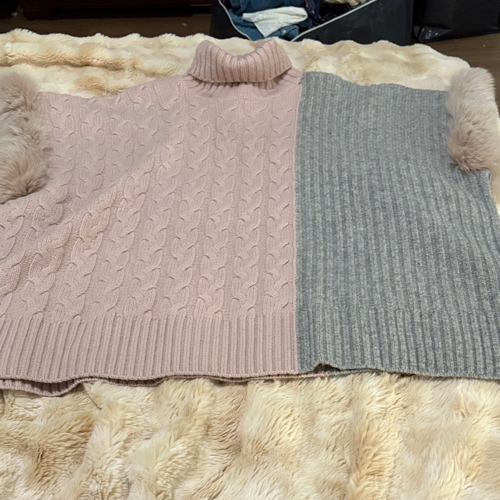 Pink and Gray Women's Wool Turtleneck Sweater Poncho with Real Fox Fur Trim